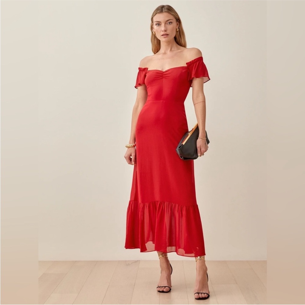 Reformation Red Off-Shoulder Butterly Flutter Sleeve Midi Dress